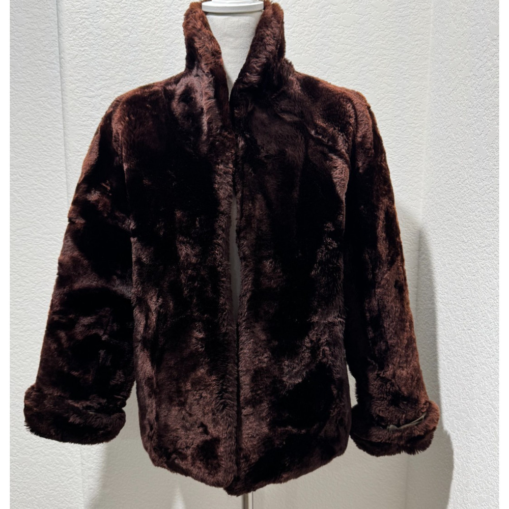 Vintage Faux Fur Coat Womens Dk Brown Plush Lined Warm Winter Jacket Sz S/M